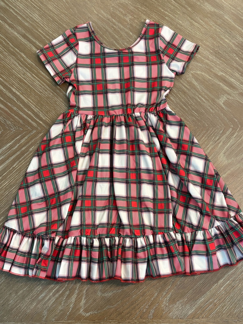 Little Stockings Girlhood Red, Green, Cream Christmas Plaid Ruffle Hem Dress